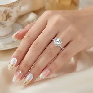 2CT Round Halo Moissanite Ring for Women – Adjustable Open Band, D Color VVS1 Simulated Diamond Ring, Silver-Plated Copper Statement Jewelry