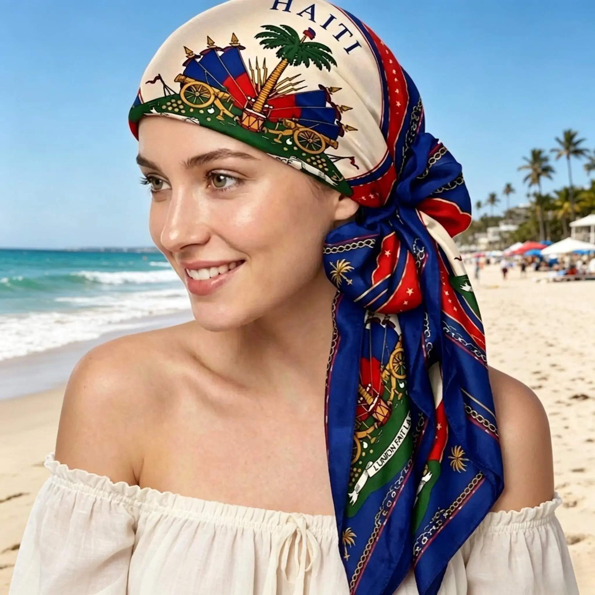 Men & Women Red-Blue Palm Tree Bandana, Comfortable Lightweight Multi-Functional Ethnic Head Scarf Wrap, Dual-Use Headband Neck Shawl for Haitian Independence Day & Caribbean Heritage Styling