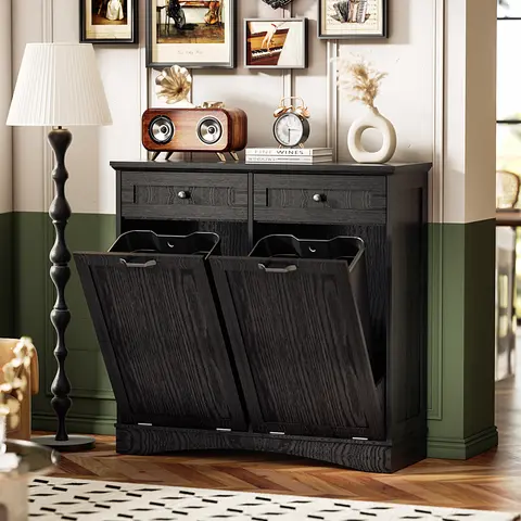 AHB Classic Freestanding Double Tilt-Out MDF & Wood Floor Cabinet - Durable Concealed Trash Can Holder, Hidden Dual 13 Gal Compartments, Hideaway Drawers, Odor Seal, 39.76"l x13.58"w x38.58"h, Tools & Manuals Included, for Kitchen (Trash Can Not Included)