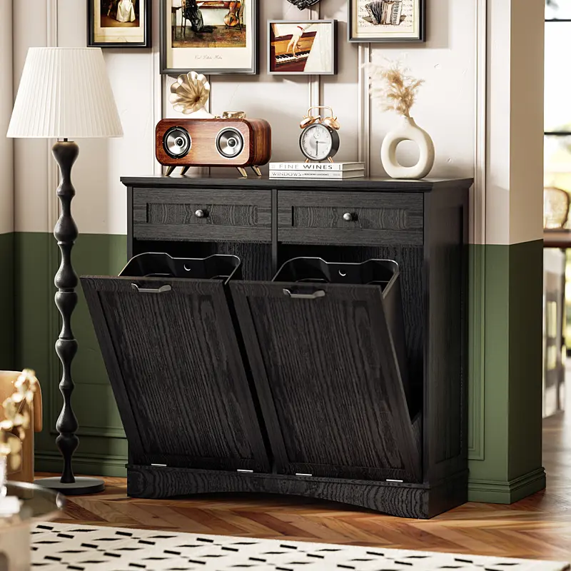 AHB Classic Freestanding Double Tilt-Out MDF & Wood Floor Cabinet - Durable Concealed Trash Can Holder, Hidden Dual 13 Gal Compartments, Hideaway Drawers, Odor Seal, 39.76"l x13.58"w x38.58"h, Tools & Manuals Included, for Kitchen (Trash Can Not Included)