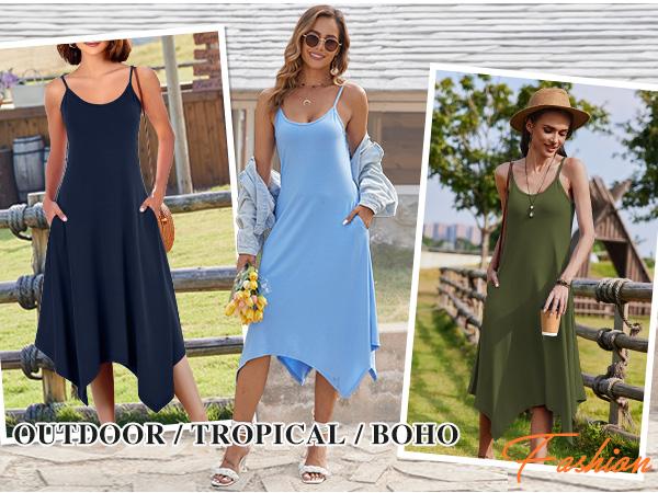 Women's Summer Midi Dress  Hawaiian Bohemian Beach Cover Up Dress Floral Spaghetti Strap Casual Dress with Pockets