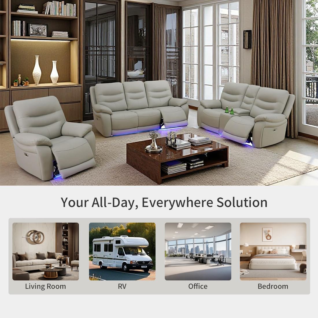 Leather Power Recliner Sofa Set with LED Lights, USB Ports, Storage Console & Cup Holders, Luxury Living Room Indoor Furniture (Sofa, Loveseat, Chair)
