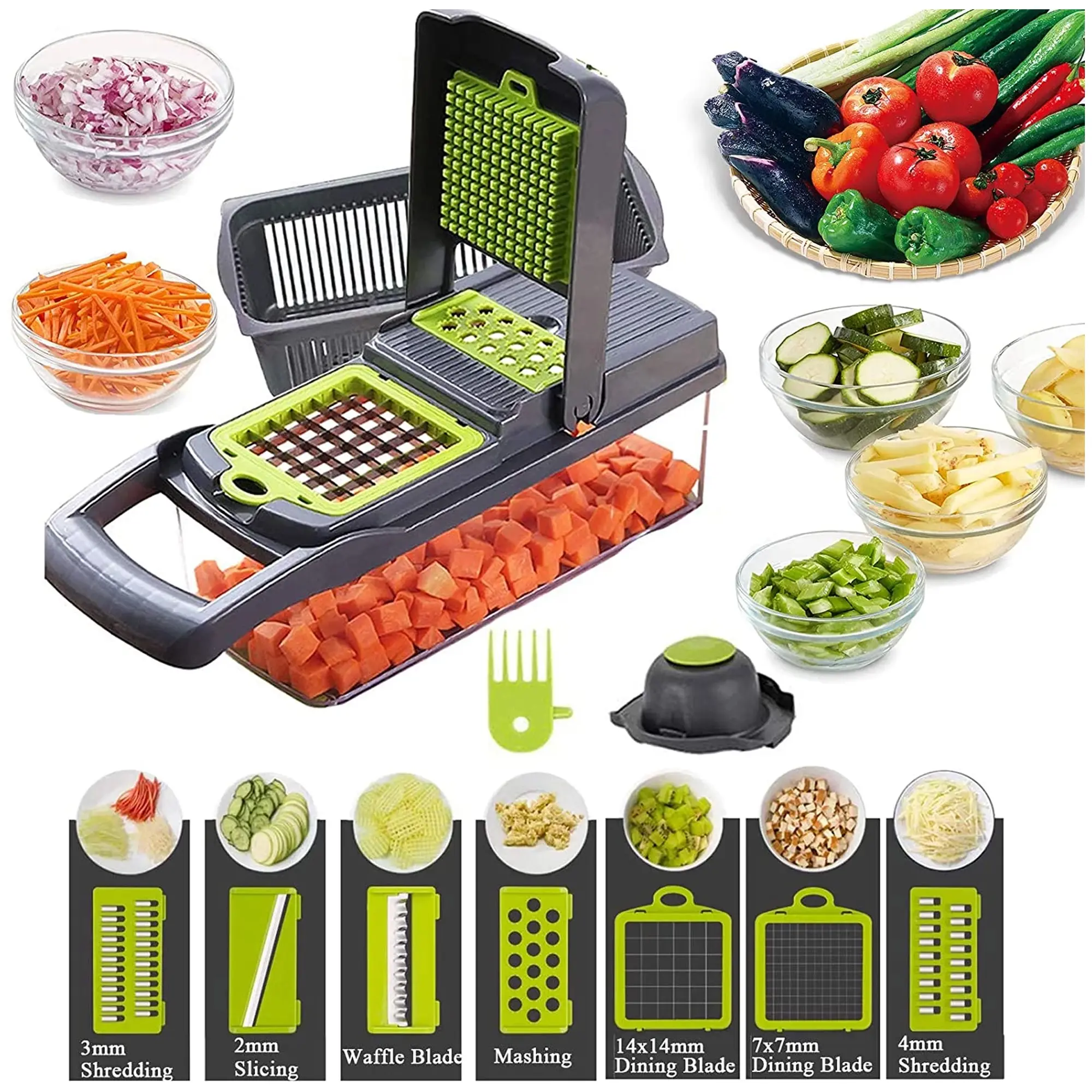 12 in 1 Sturdy Multifunctional Durable Vegetable Chopper With Container, Garlic Onion Potato Cutting Machine Slicer, Kitchen Gadgets Utensils