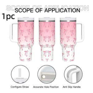 1pc 40oz Cute Pink Bow Aesthetic 304 Stainless Steel Tumbler with Handle, Flasks, 6 styles of images are available, Insulated Reusable Cold Drink Cup, Hand Wash Only - Perfect for School & Gratitude Events Cool and Fashion,Suitble For Outdoor Camping