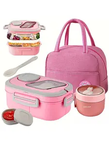 2-Layer Multi-Compartment Lunch Box Set: Lunch Box + Cup + Bag. Includes Cutlery And Sauce Container. Microwave-Security, Suitable For School, Work, And Outdoor Use.