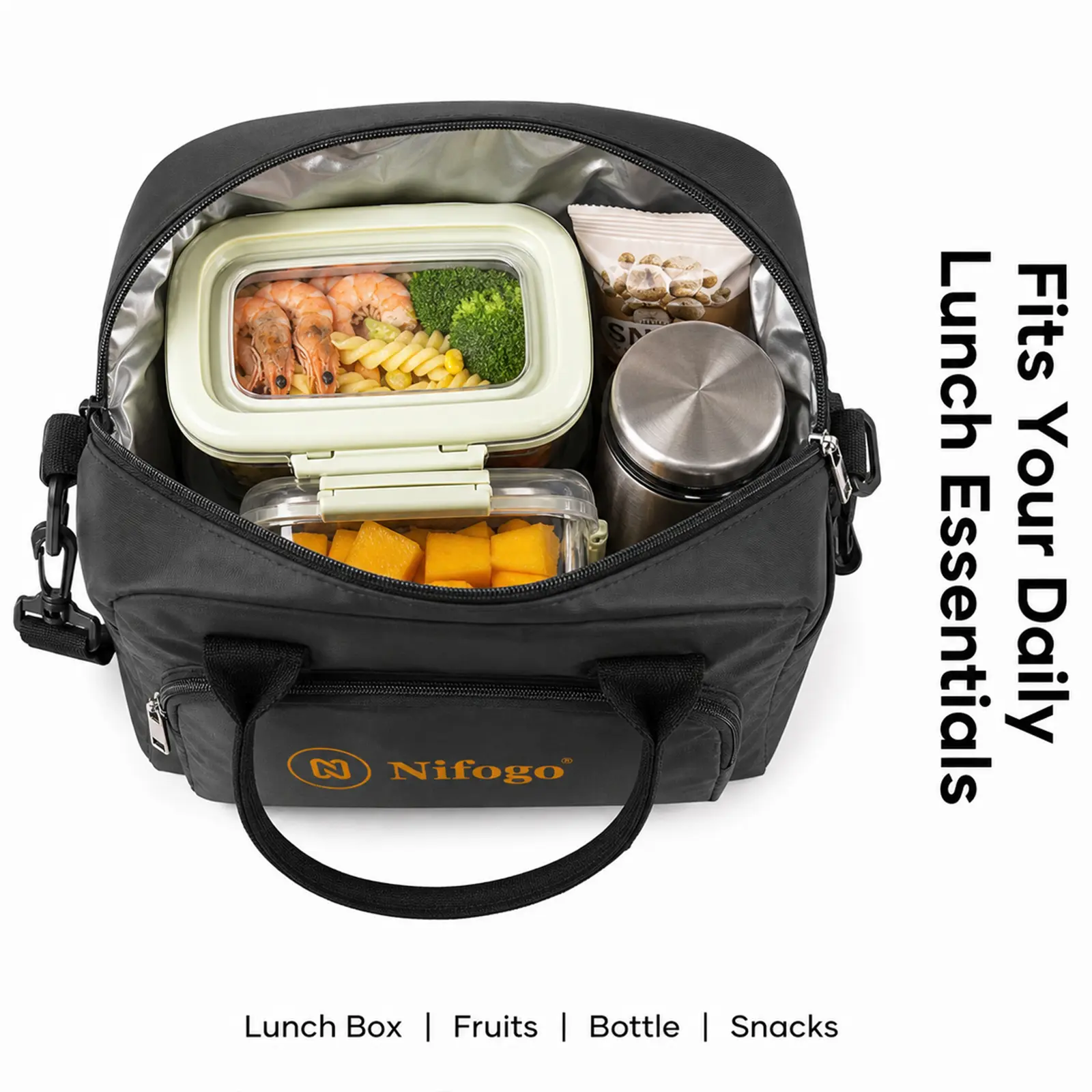 Nifogo 15L Black Reusable Thermal Lunch Bag - Durable Leakproof Insulated Food Bag with Adjustable Strap for Adults' Daily Commute, Camping