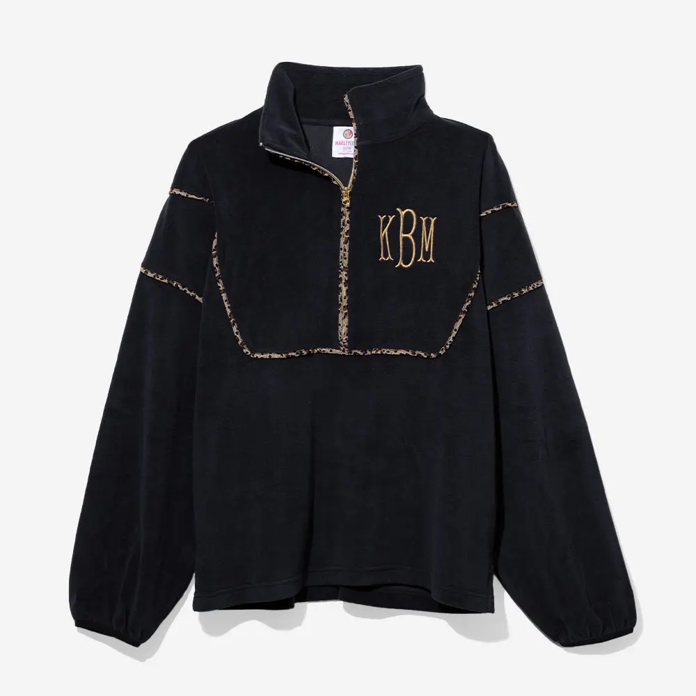Monogrammed Leopard Piped Pullover Sweatshirt | Black with Leopard