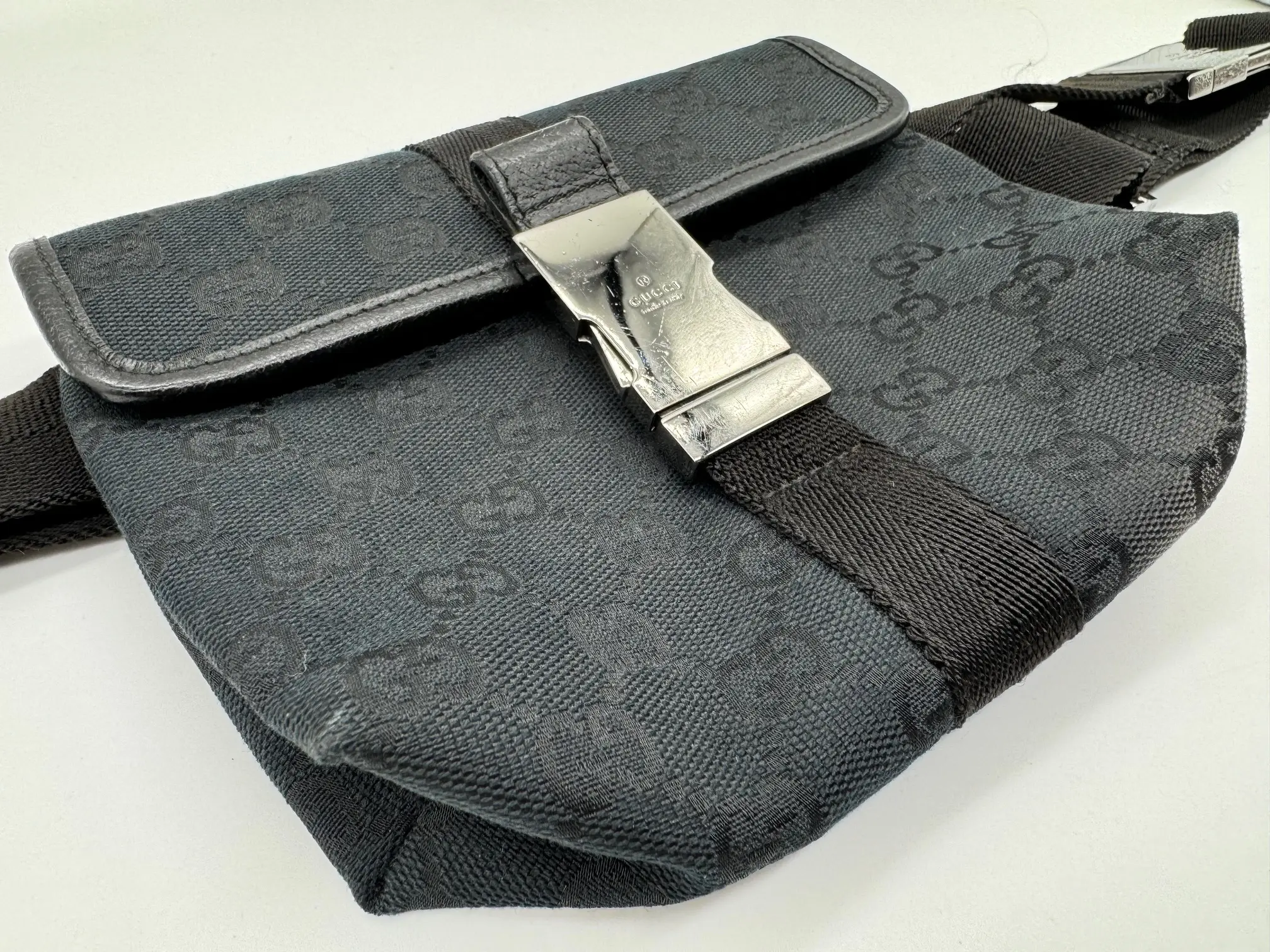 Pre-owned GUCCI Canvas Fabric Belt Bags Black Monogram Web Buckle Belt Bag