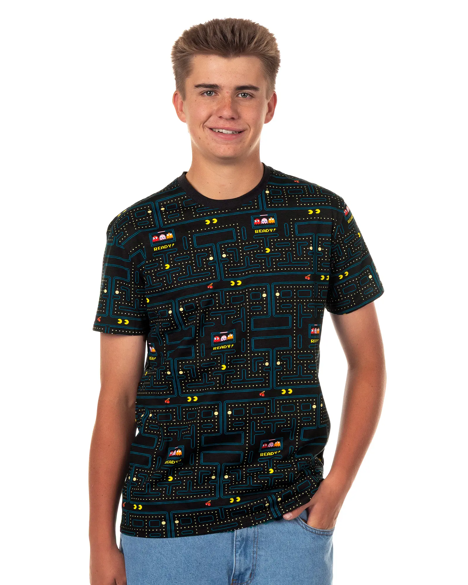 Men's Pac-Man Graphic T-Shirt - Classic Arcade Video Game Ghost Design, All-Over Print, Crew Neck Tops, Relaxed Fit, Breathable Fabric, Retro, Polyester, Menswear, Cotton, Short, Round Neck