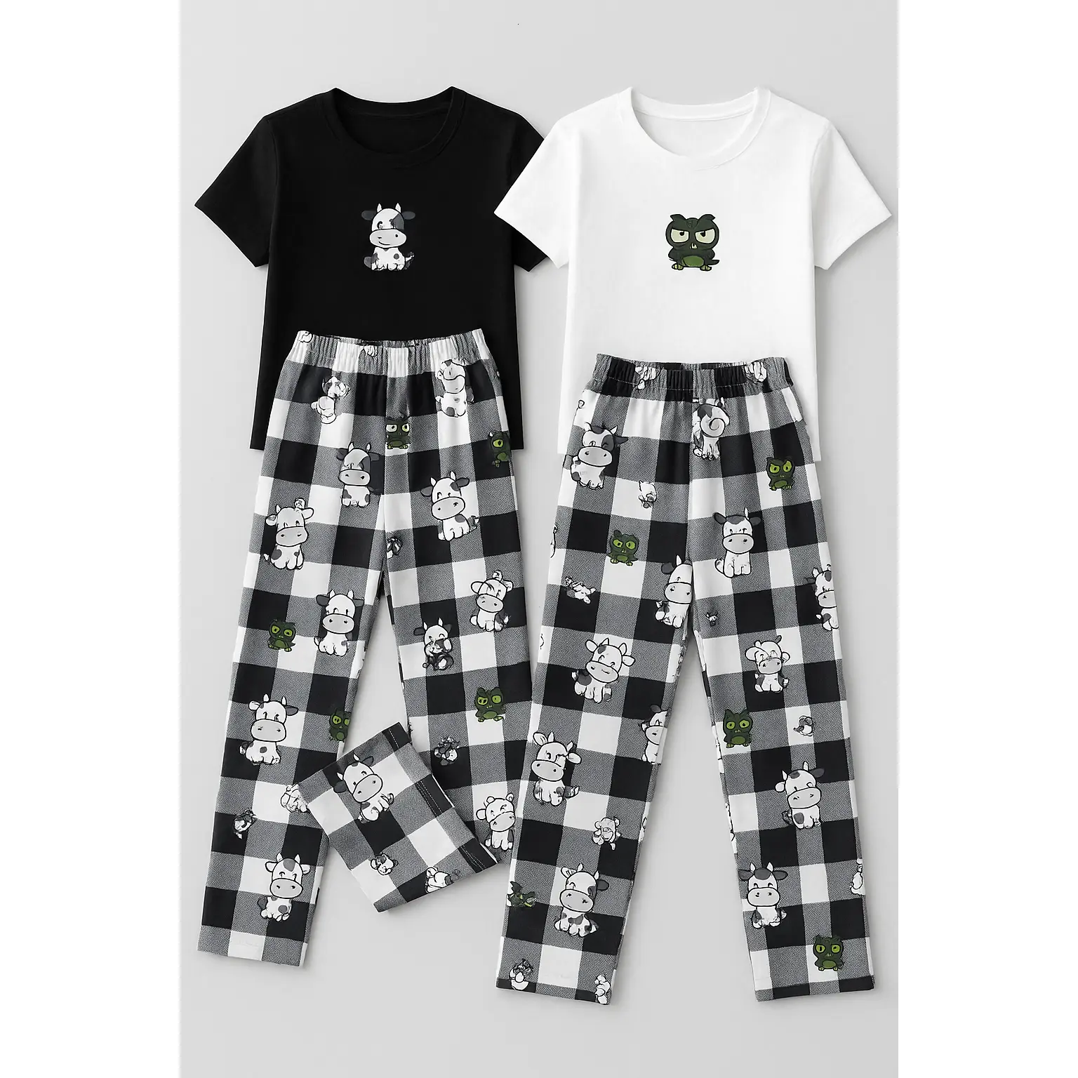 Funny Cartoon Cow Print Sleep Pants – Matching Couple Buffalo Plaid Pajamas (Sold Separately)