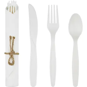 Pre Rolled Napkin Cutlery Set - Compostable Utensils 8" Large Disposable Utensils Wrapped Forks  Spoons Napkins Cornstarch Biodegradable Silverware Cutlery for Party (100)