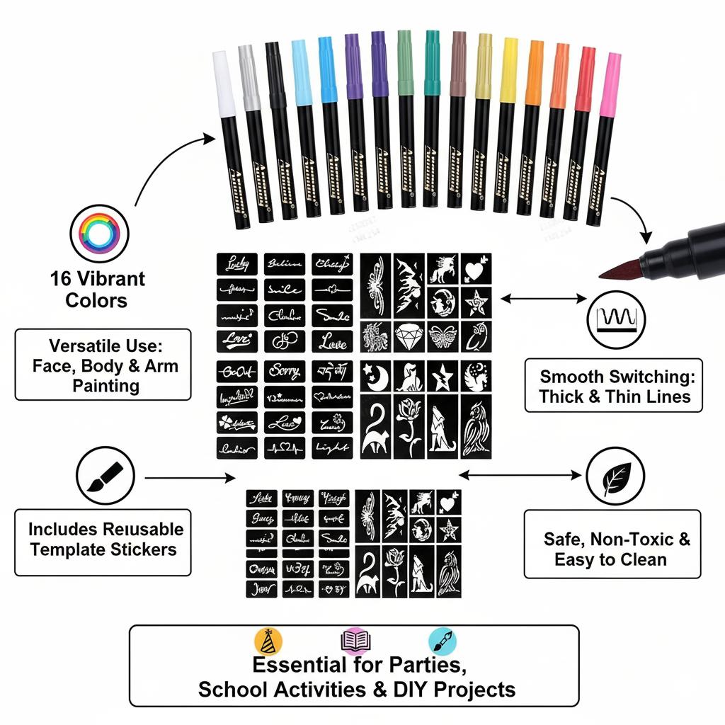 Multi-Functional Face & Body Paint Pens - Colored Markers for Drawing, Face Painting, Arm & Body Art with Reusable Tattoo Stencils, Bold & Delicate Lines for Art Parties School DIY Multi-Functional Face & Body Paint Pens - Colored Markers for Drawing, Face Painting, Arm & Body Art with Reusable Tattoo Stencils, Bold & Delicate Lines for Art Parties School DIY