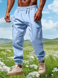 Men's Linen Breathable Workwear Cargo Pants, Casual Drawstring Elastic Waist Long Pants, Loose-Fitting Mid Waist Spring & Fall Fashion