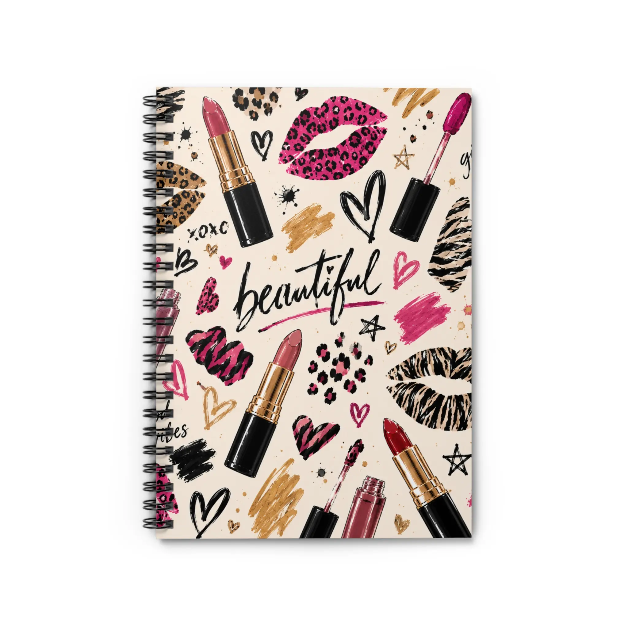 Lipstick Pattern Spiral Ruled Notebook, Whimsical Creative Journal, Office Stationery Journaling Supplies, Whimsical Notebooks