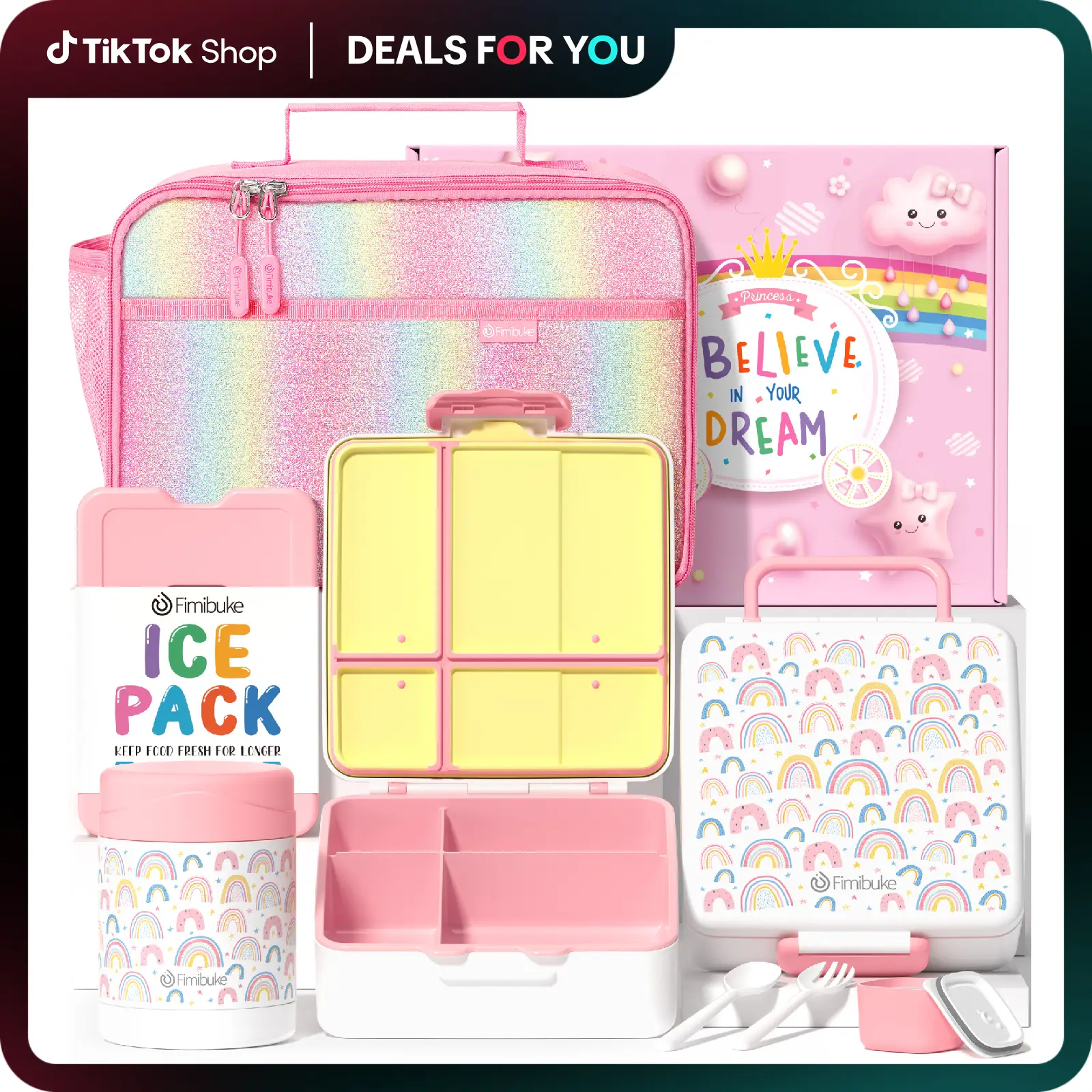 Fimibuke Bento Lunch Box with 4 Compartments, Insulated lunch Bag, Stainless Steel Insulated Thermos, Ice Pack & Utensils, Birthday Gifts Back to Scho