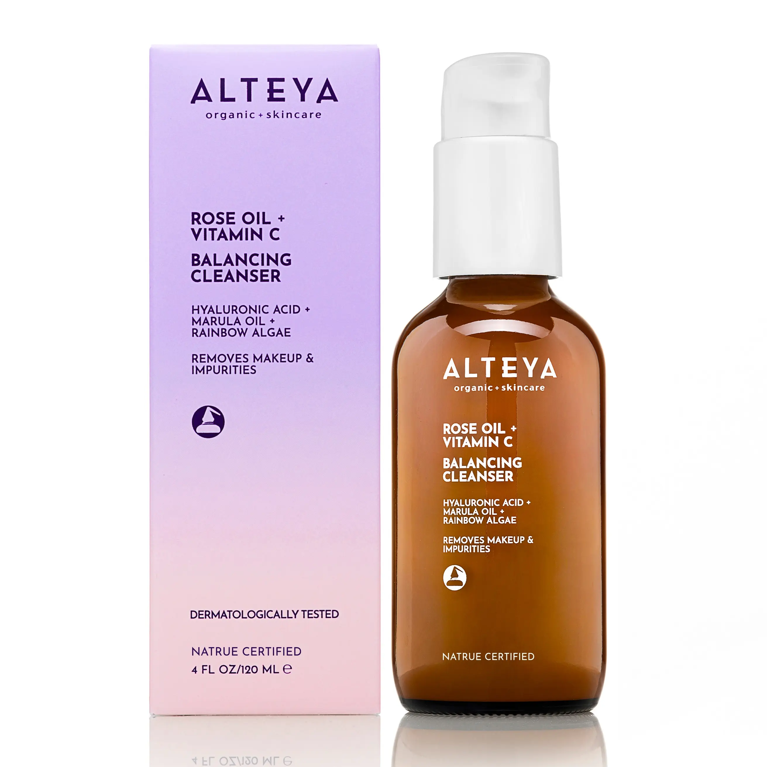 ALTEYA Organic Balancing Facial Cleanser - 4 FL OZ Sulfate-Free, Rose Oil, Vitamin C, Rainbow Algae, Vitis Vinifera (Grapeseed) Seed Oil for Sensitive Skin, Daily Facial Cleansing, Acne Care, Face Wash, Hyaluronic Acid, Bottle, Gentle, Soft Skin, Luminous