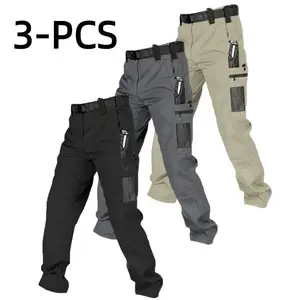 Men's Solid Color Waterproof Tactical Work Pants - 3-Piece Set, Belt-Free, Multi-Pocket, Durable Outdoor Hiking & Casual Pants (Regular Fit)