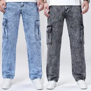 Men's washed-style straight-leg jeans with slant pockets and side flap pockets; suitable for all seasons