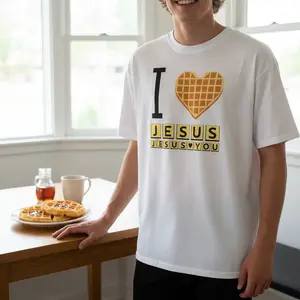 I Love Jesus Waffle Inspired Comfort Shirt, Funny Christian Breakfast Graphic Tee, Unisex Casual 100% Cotton Inspirational Quote T-Shirt