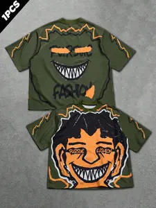 Men's Streetwear Graffiti Print Short Sleeve Cropped T-Shirt, Hip-Hop Loose Fit Oversized Half Sleeve Top, Fashionable Casual Wear, Fitted