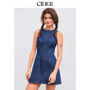 Cider Denim Solid Zipper Sleeveless Mini Dress