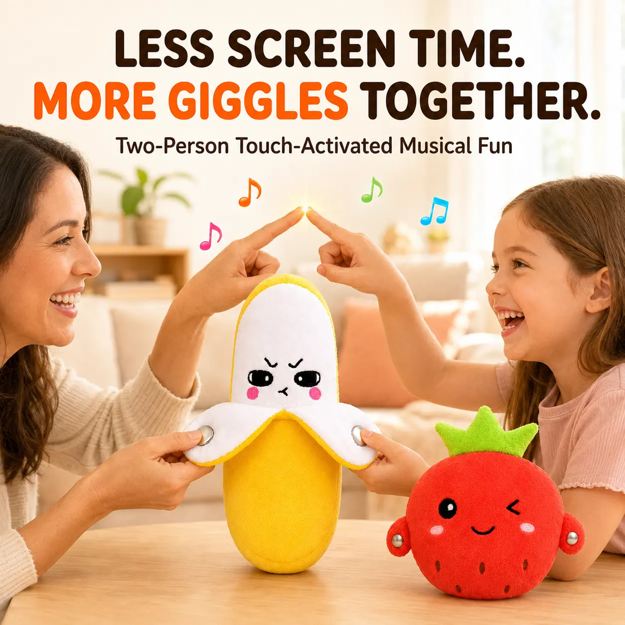 Musical Plush Toy, Soft USB-Rechargeable Touch-Activated Banana or Strawberry Design, Two-Player Rhythm Game for Kids Ages 3+, Family Gift
