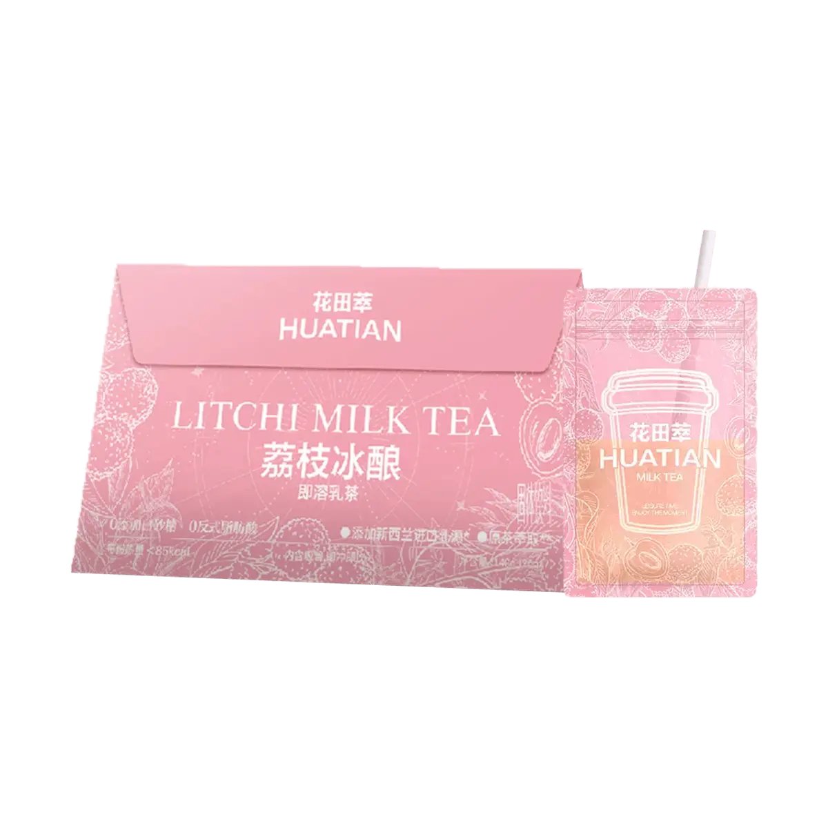 HUATIAN Lychee Brewed Instant Milk Tea 7 Bags (140g) - Zero Sugar, Low Calorie, Low Fat, Sweet Fruit Aroma, Refreshing Tea Taste - Yami