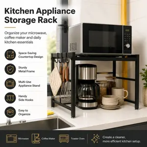 Scalable microwave oven shelf with 6 hooks, black metal microwave oven rack, adjustable toaster pan rack, kitchen countertop toaster storage rack (Model: DM054)