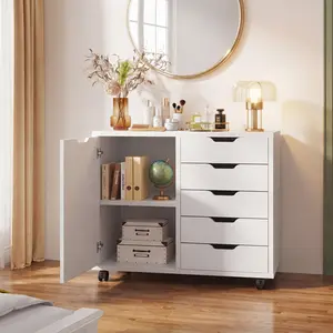 5 Drawer Wood File Cabinet Office Drawers Organizer with Wheels Rolliing, Under Desk Cabinets with Shelves and Door Printer Stand with Wood Board Metal Frame for Home Office Storage Craft Room, White