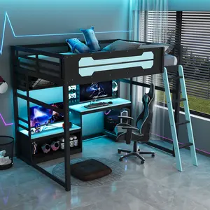 Full Size Loft Bed with Desk, Shelves, LED Lights, USB Ports and Pegboard, Solid Wood Loft Bed Frame for Teens Adults