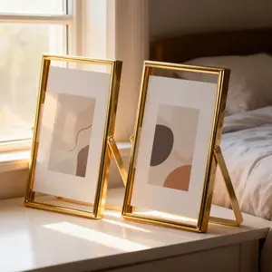Elegant Gold Double Transparent Glass Floating Metal Photo Frame, Metal Framed, Fits 6-inch/7-inch/8-inch/10-inch Photos, High-End Home Decor Ornament for Portrait Display, Geometric Metal Frame