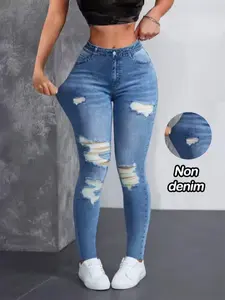 【Printed Legging - Not Denim Fabric】New Women's Fitted Jeans Look Pants, High Waisted Ripped, Elegant Elastic Bell Bottoms, All-Season Casual Formal Two-In-One, Comfort Fashion