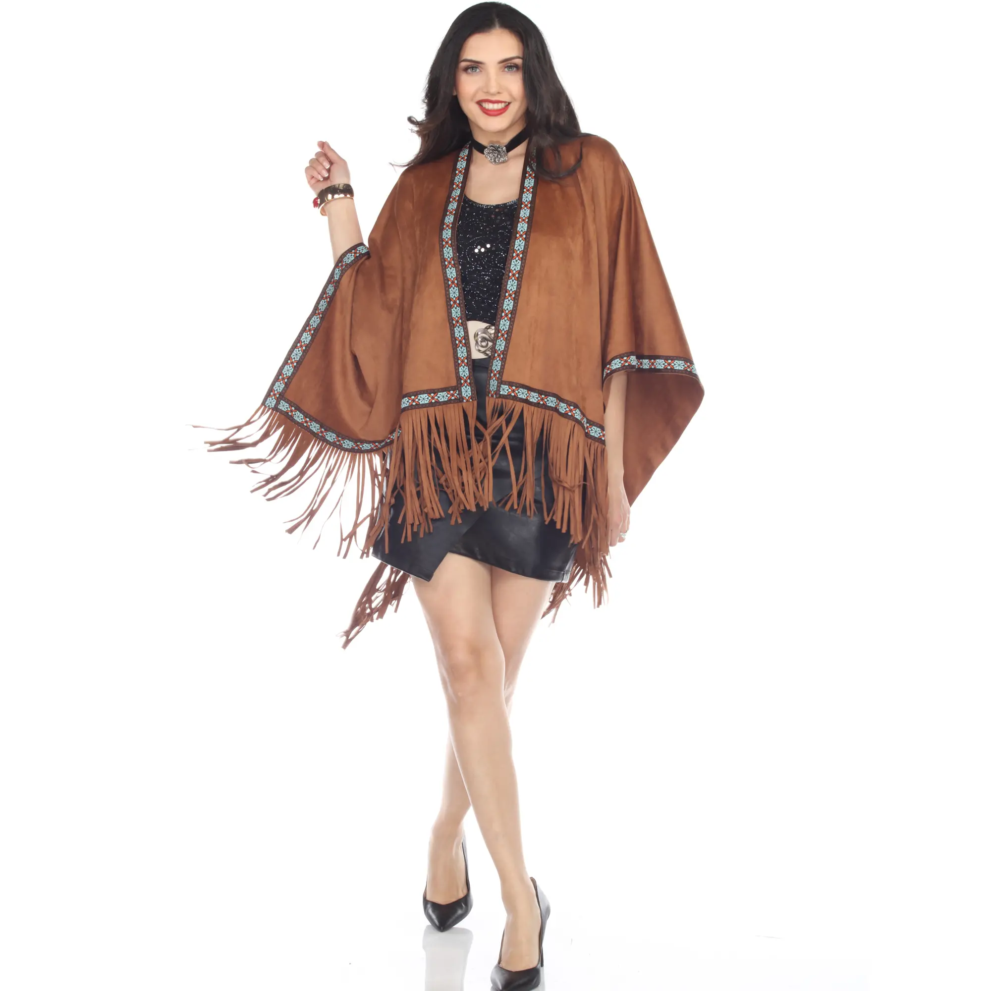 Aris A Bohemian Suede Fringe Poncho with Embroidered Trim