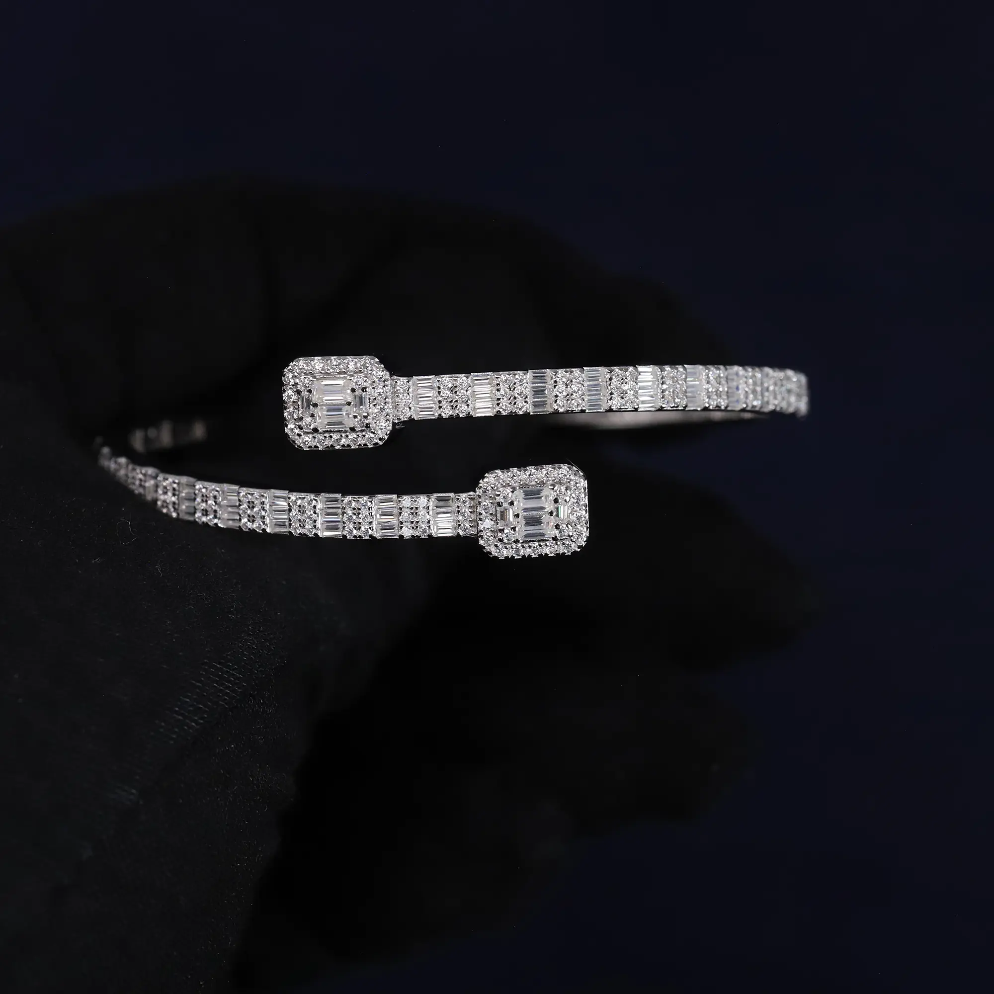 Moissanite Baguette Open Cuff Bangle (Approx. 4.37CT) – 925 Sterling Silver