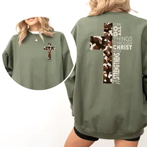 Camo Christian Cross Crewneck I Can Do All Things Through Christ Sweatshirt Unisex Hunting Tops Bible Verse Pullover Hoodied Hoodie & Sweater for All