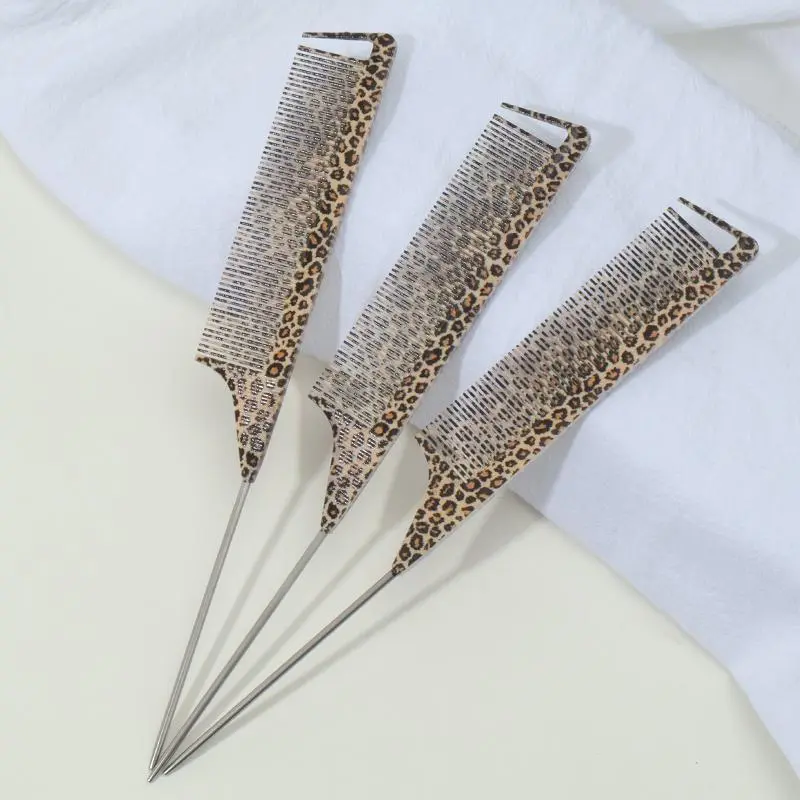 Leopard Print Rat Tail Comb, Hair Styling Combs, Comb Type, 3 Counts Fine-tooth Anti-static Hair Styling Brush with ABS Plastic Handle and Steel Needle for Normal Hair