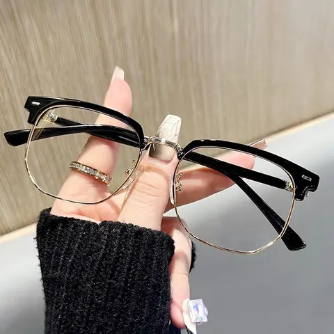 Simple Design Metal Browline Frame Square Eyeglasses for Everyday Use, Blue Light  Eyewear, Stylish Square Frames Glasses for Men and Women, Fall Minimalist Casual High Quality Eyeglasses for Back To School