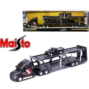Maisto MACK TRANSPORTER OPEN TRAILER w/ 1993 CHEVY454 SS 1/64 BLACK 11454 BK Diecast Model Car Transporter