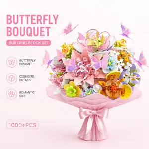 Building Block Flower Bouquet Model Kit, Handmade DIY Creative Stem Set with Blooming Island & Butterflies, Romantic Birthday Gift Surprise