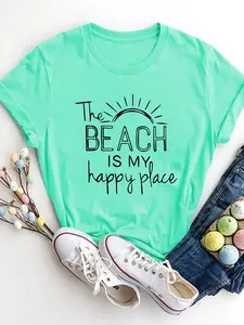 Women's "BEACH IS MY HAPPY PLACE" Letter & Sun Print Round Neck Tee, Casual Streetwear Short Sleeve T-shirt for Daily Wear, Ladies Summer Outfit