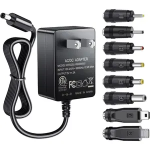 5V 2A Power Supply Adapter 10W AC100-240V to DC 5 Volt 2Amp Versatile Charger Cord with 8 Plugs For USB Hub,TV Box,Tablet,Camera,Speaker,GPS,Webcam,Router and More 5vdc Electronics, 5FT