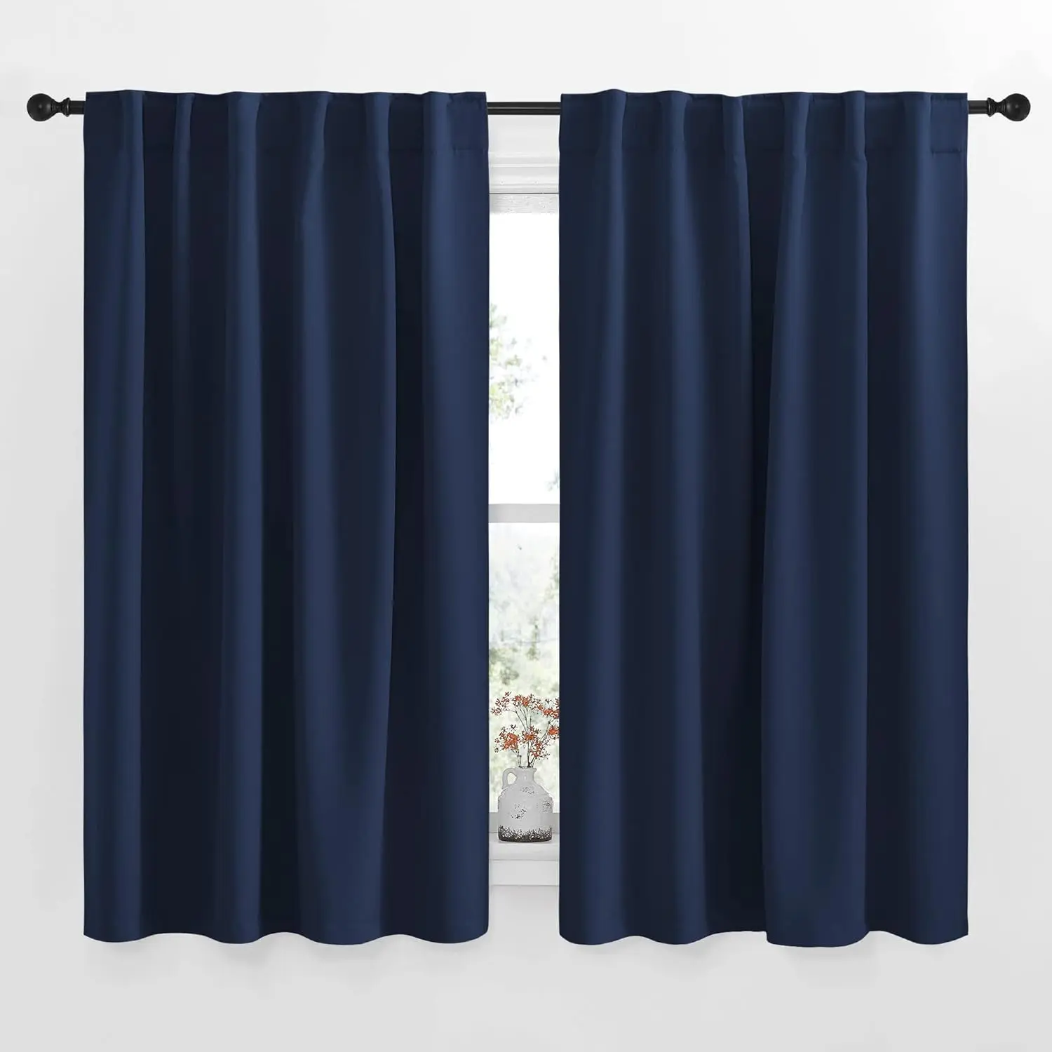 NICETOWN Pleated Polyester Triple Weave Low Iron Blackout Curtain Panels, Navy, 52in W x 63in L, Set of 2, Window Cover for Boy's Nursery, Two Panels