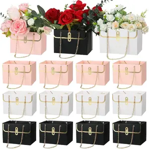 12-piece set of Mother's Day pink, white, and black flower boxes, wedding flower paper gift bags with handles, bouquet boxes for bouquet packaging, suitable for Mother's Day, weddings, and baby showers