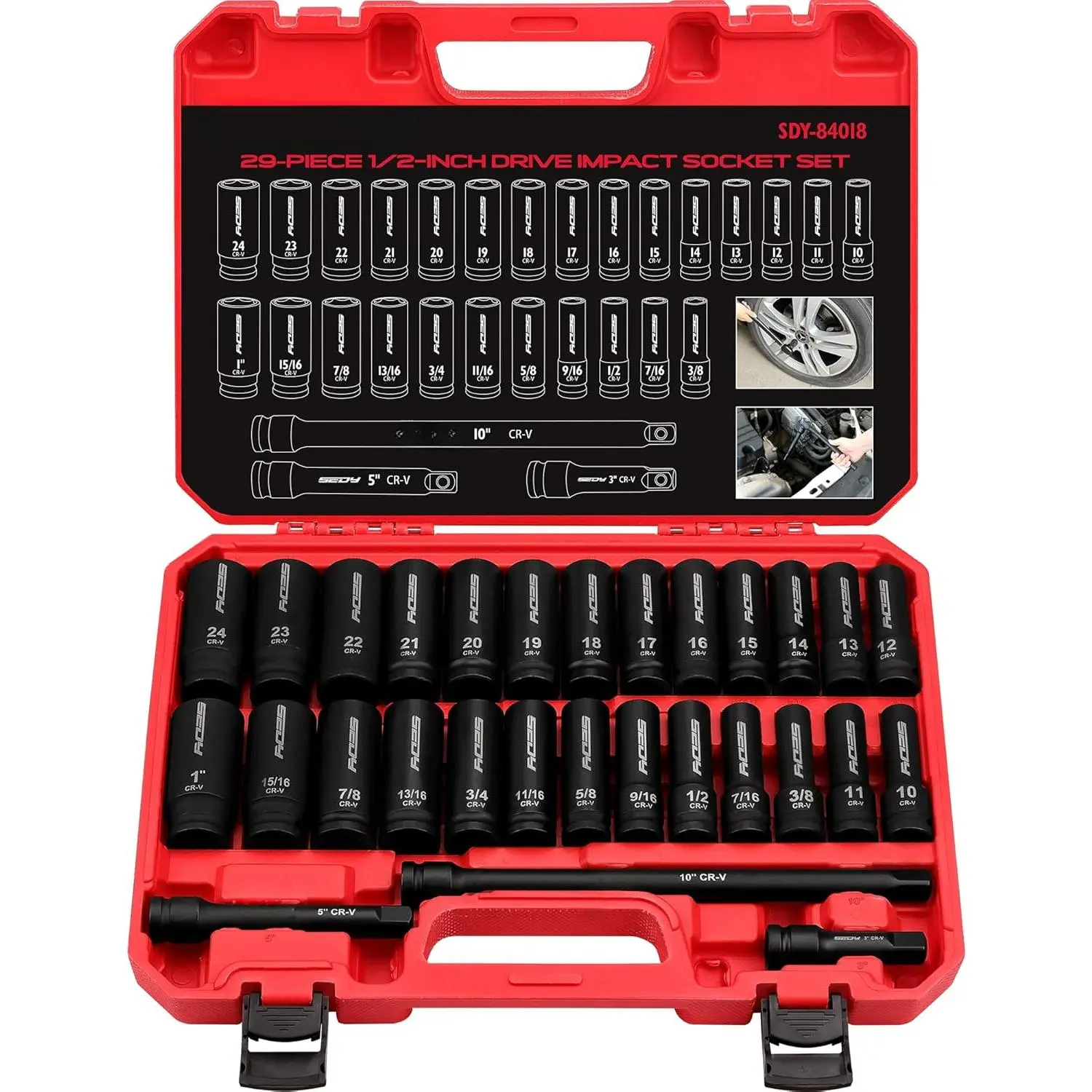 29-Piece 1/2" Drive Impact Socket Set, SAE (3/8 to 1 inch) and Metric (10-24mm) Sizes with Extension Bars Standard Deep Socket Set CR-V Material High Durability Impact Wrench
