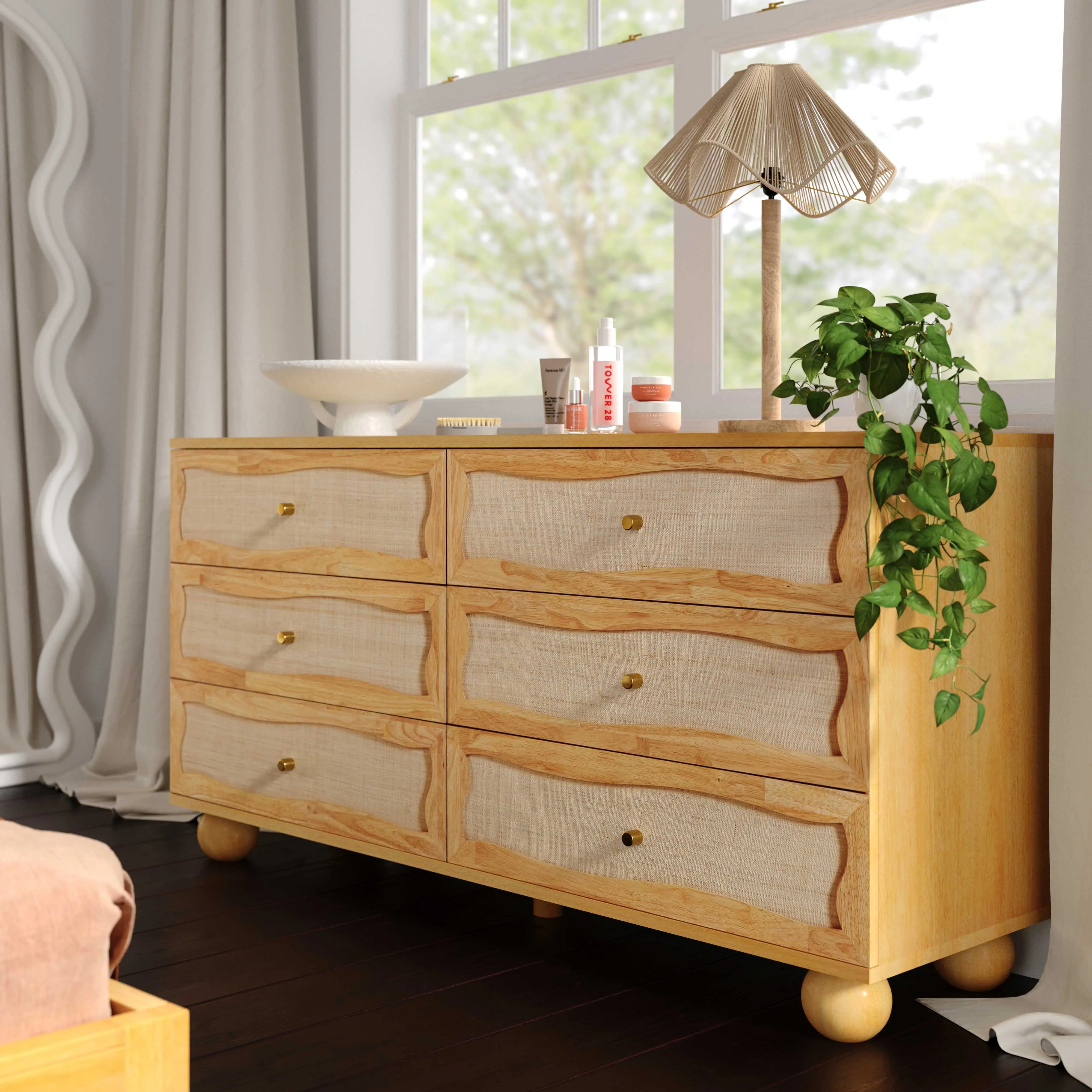 Grappa 62" Natural Wood & Raffia Wavy 6-Drawer Dresser