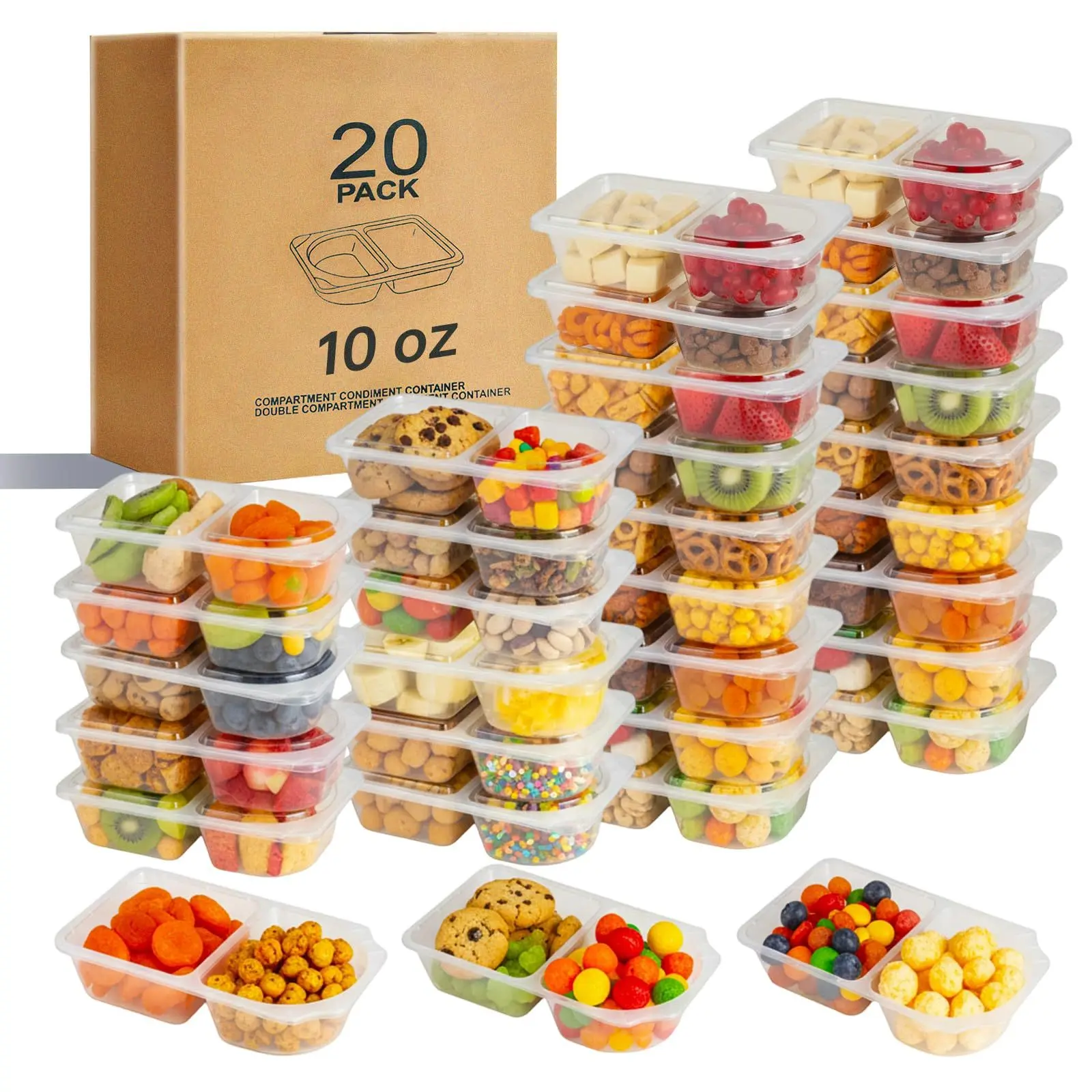20pcs Snack Pack Containers, Double Compartment Condiment Containers with Lids, Reusable Sauce Dipping Containers, Grab and Go Snack Containers, Disposable Snack Box Container