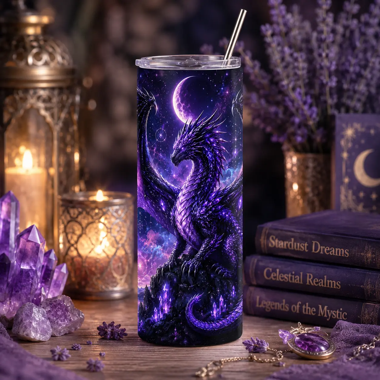Purple Celestial Dragon 20oz Skinny Tumbler | Fantasy Galaxy Dragon Stainless Steel Cup with Straw