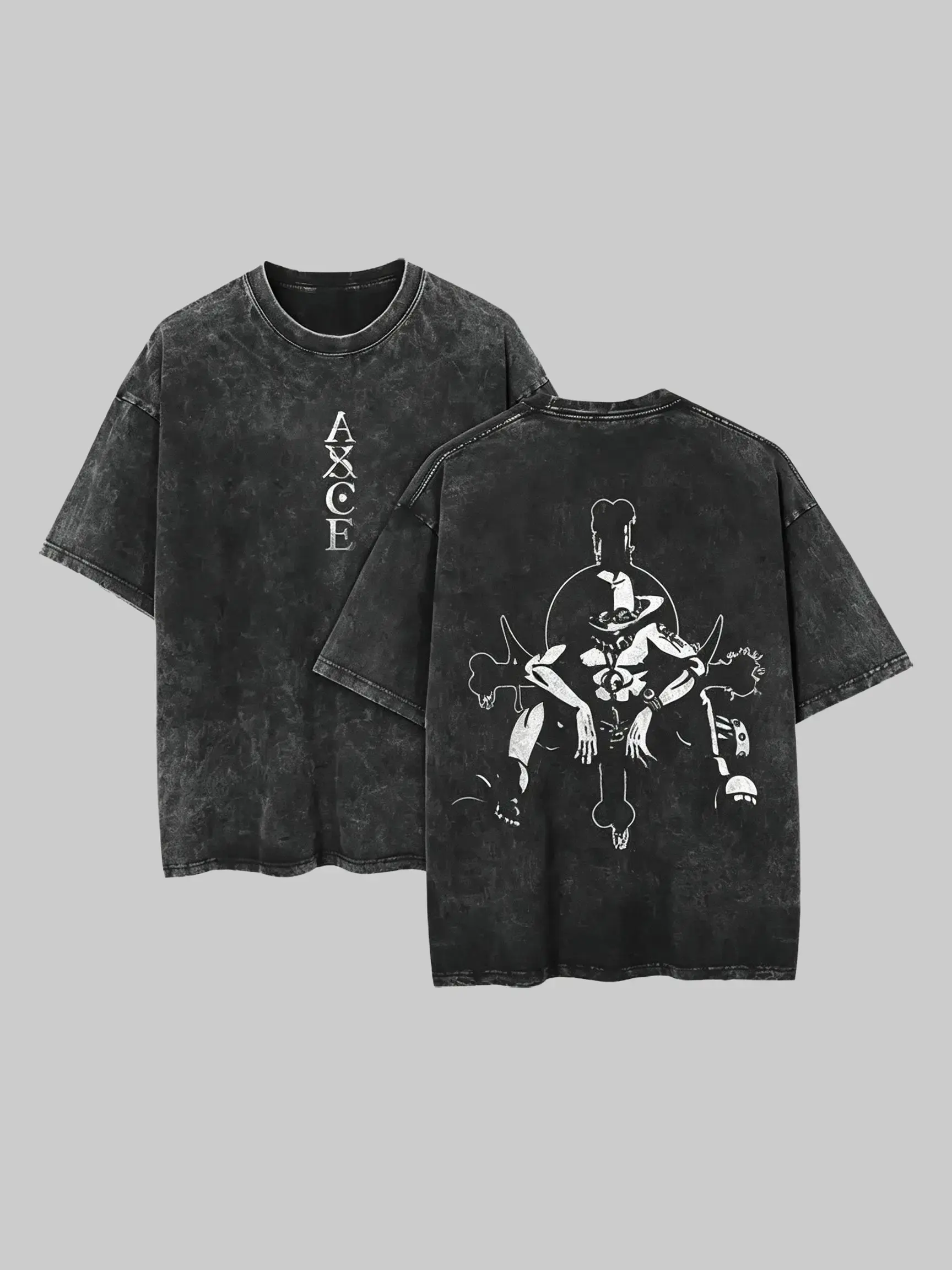 Men's 1 Piece Portgas D. Ace Vintage Washed Graphic Short-Sleeve T-Shirt - Oversized Casual Menswear Top, Acid Wash Cotton Y2K Streetwear Unisex Anime Merch