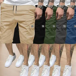 cargo shorts men 5 pack Cargo Shorts – Elastic waistband drawstring design, multiple pockets, letter appliqué pattern, regular fit with mid-to-high rise, non-stretch fabric; suitable for everyday wear and casual activities; not see-through material; mens