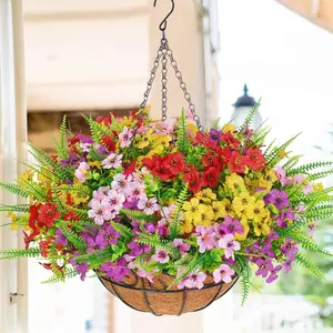 Realistic Greenery Hanging Basket Set, Includes Rose, Eucalyptus, Ferns, 19.69 Inches, UV Resistant, Indoor Outdoor Decor